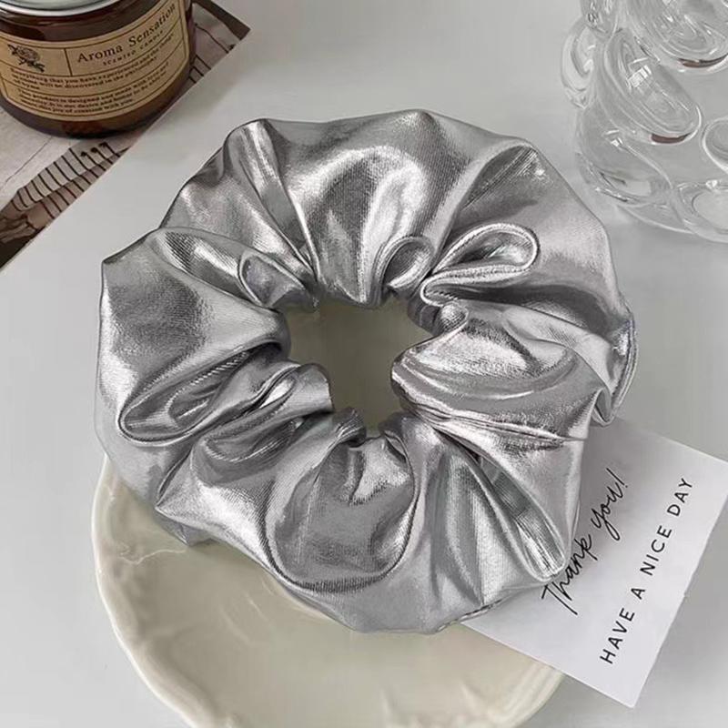 

Silver Faux Leather Bow Oversized Scrunchies Girls College Student Hair Ties Ropes Women Elastic Hair Band Grey Ponytail Holder