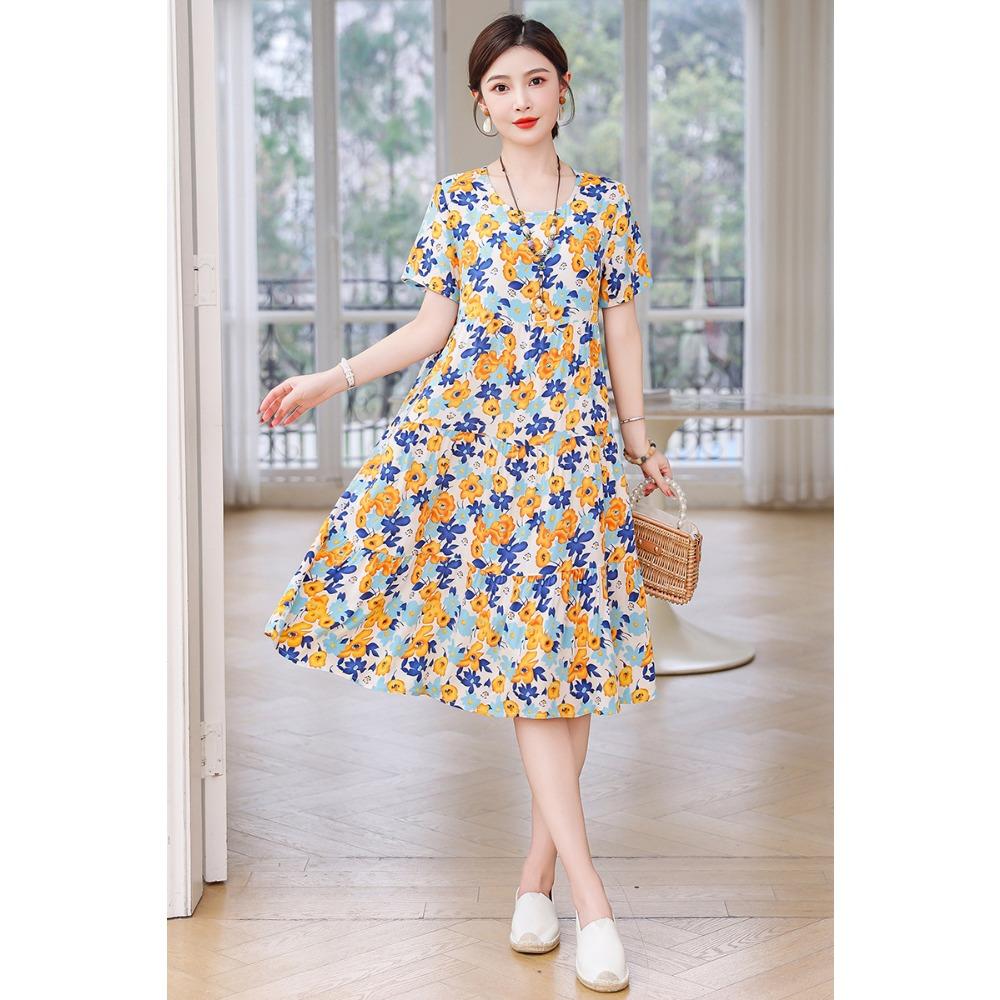Summer Short-sleeved, Loose and Long Artificial Cotton Dress for Middle-aged and Elderly Women