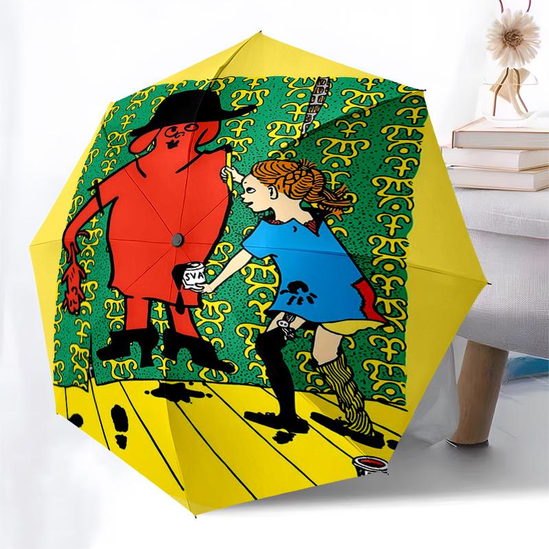 Pippi Langstrømpe Tema Rejseparaply - 8 ribber Automatisk Åbning og Lukning, Bærbar Foldbart Design, Kompakt og Stilfuld Paraply Velegnet