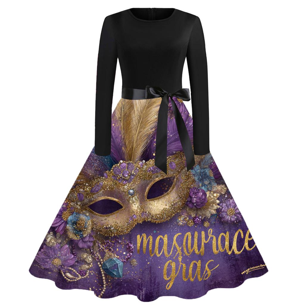 Damen Casual Mode Rundhals Karneval Bedrucktes Vintage Kleid