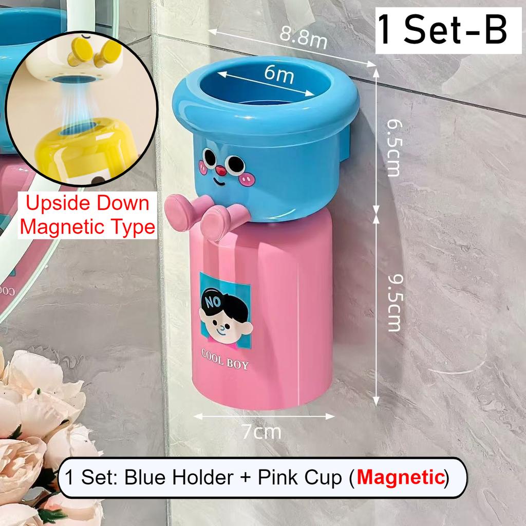 Cartoon Toothbrush Cup Holder Magnetic Punch-Free Upside Down Toothbrush Cup Wall Mounted Bathroom Toothbrush Stand Storage Rack