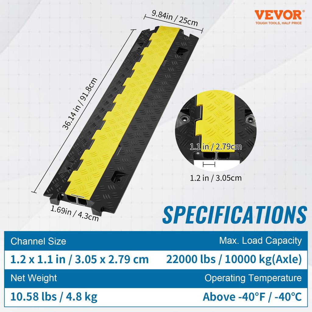 VEVOR Cable Protector Ramp, 91.8x25x4.3 Cm 2 Channel, 9979 Kg/axle Capacity Heavy Duty TPU Wire Cord Cover Ramp Hose Protector Ramp Driveway