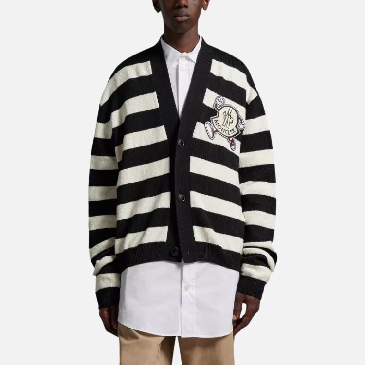 Moncler SS23 Color Block V-Neck Single-Breasted Long Sleeve Knit Sweater Men sweater Black I10919B00010M2672P90