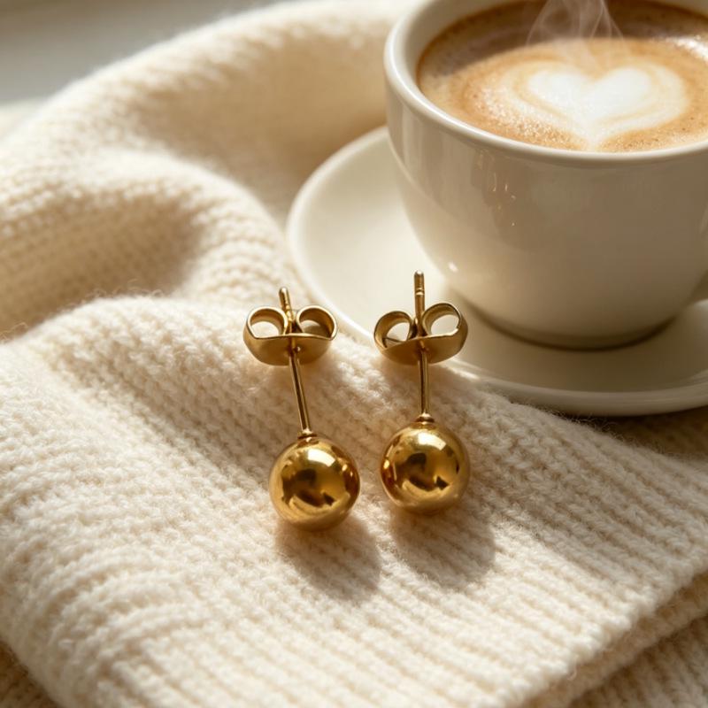 Gold-Electroplated Round Bead Stud Earrings with 6/4mm Bean Shape and Pendant, DIY Stainless Steel Post, Includes Earring Backs.