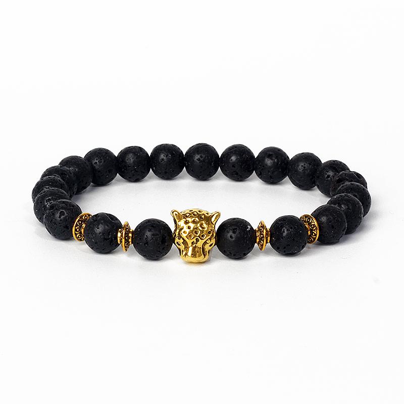 Leopard Head Beaded Bracelets for Men Women 8mm Rock Lava Stone Crown King Lion Charm Bracelet Set Natural Stone Elastic Jewelry