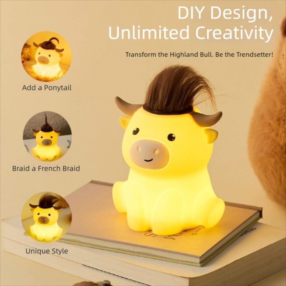 Cartoon Novelty Highland Cow Night Light Dimmable Timing Rechargeable LED Lamp Squishy Cute Bedside Nightlight for Breastfeeding