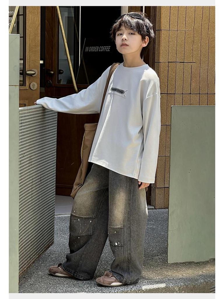 Autumn 2025 Boys' Loose Korean Style Retro Distressed Straight-Leg Jeans