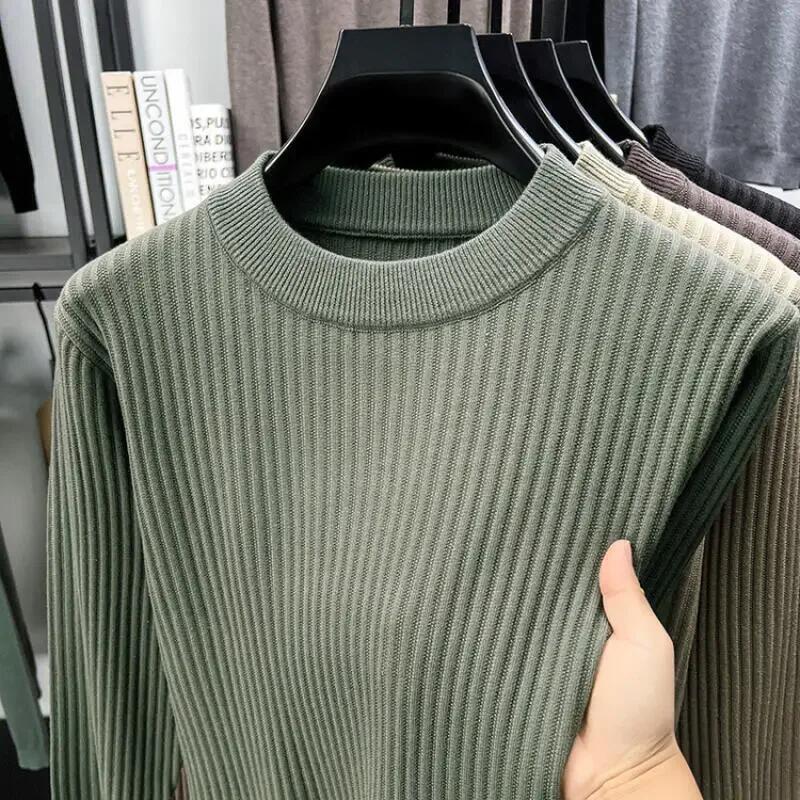 2025 Autumn Men Casual Bottoming Knit Tops Mens Solid Color Textured Long Sleeve Vintage Sweater Mens Fashion Pullover
