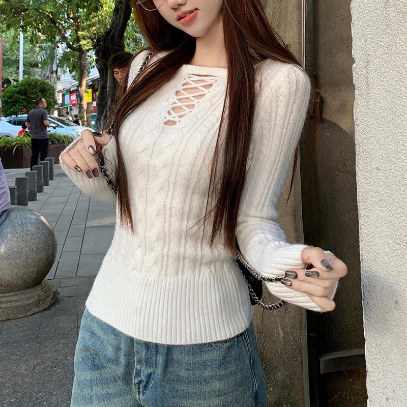 Herbst Winter Rot Rundhals Zopfmuster Langarm Basisschicht Pullover Damen Spitze Slim Fit Strickoberteil