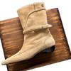Sheepskin Version~ Retro Niche Pointed Toe Wedge Heel Western Cowboy Boots Medium Boots Women's 2025 New Thin Boots Short Boots