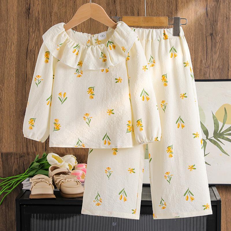 

Повседневный комплект для девочек Осень Детская милая цветочная кукольная рубашка, комплект свободных брюк с широкими штанинами 130cm=7Y жёлтый