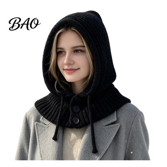 Cozy Knit Hat Women Hooded Scarf for Winter, Pullover Balaclava Hood Thermal Ear Protection Cap with Adjustable Drawstring, Warm Neck Gaiter