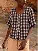2026 Spring/Summer Women's Retro Loose Plaid U-neck Short-sleeve Shirt