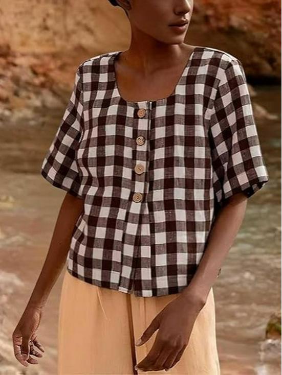 2026 Spring/Summer Women's Retro Loose Plaid U-neck Short-sleeve Shirt