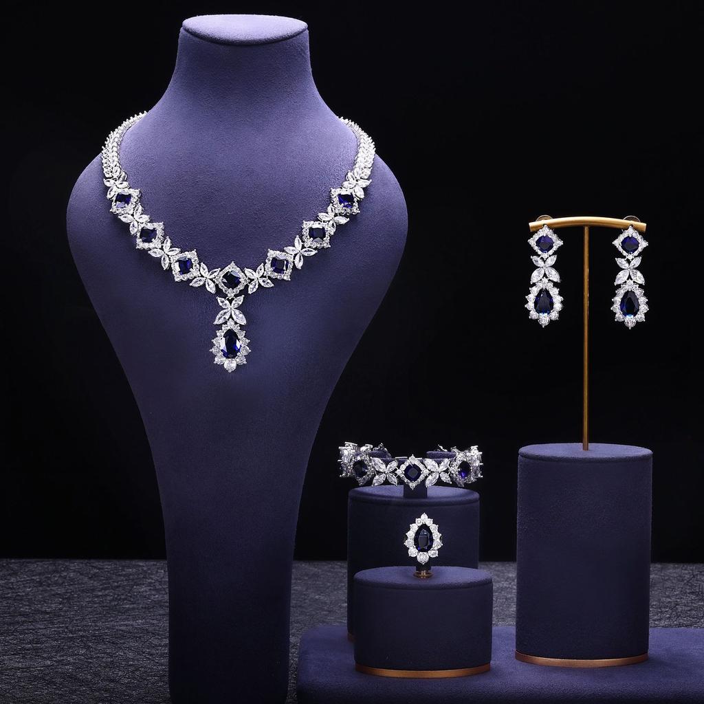 Copper Zircon Necklace Earrings Luxury Sparkle Colored Gemstones Bridal Wedding Dress Party Accessories Bracelet