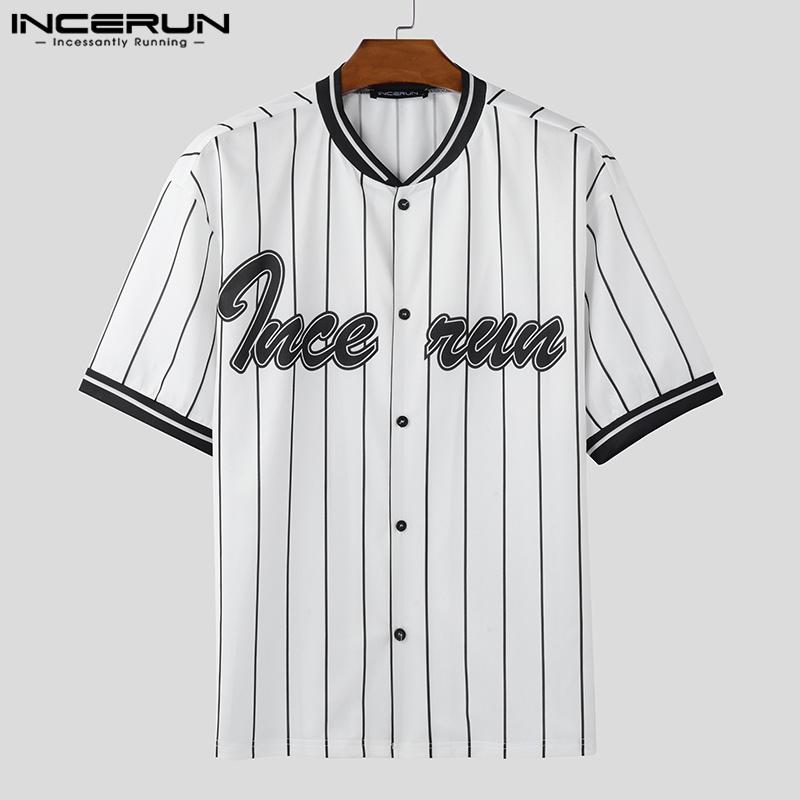 INCERUN Men Collarless Striped Short Sleeve Buttons T-shirts Stitching Summer Tops