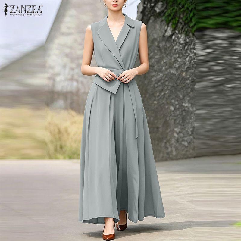 ZANZEA Women Casual Turn Down Collar Summer Sleeveless Wide Leg Jumpsuits