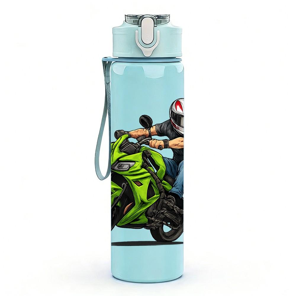 1PC Motorcycle Rider Motorbike Pattern 750ml Color Plastic Sports Water Bottle Leakproof Flip Straw Lid Suitable for Sports Office Home Use
