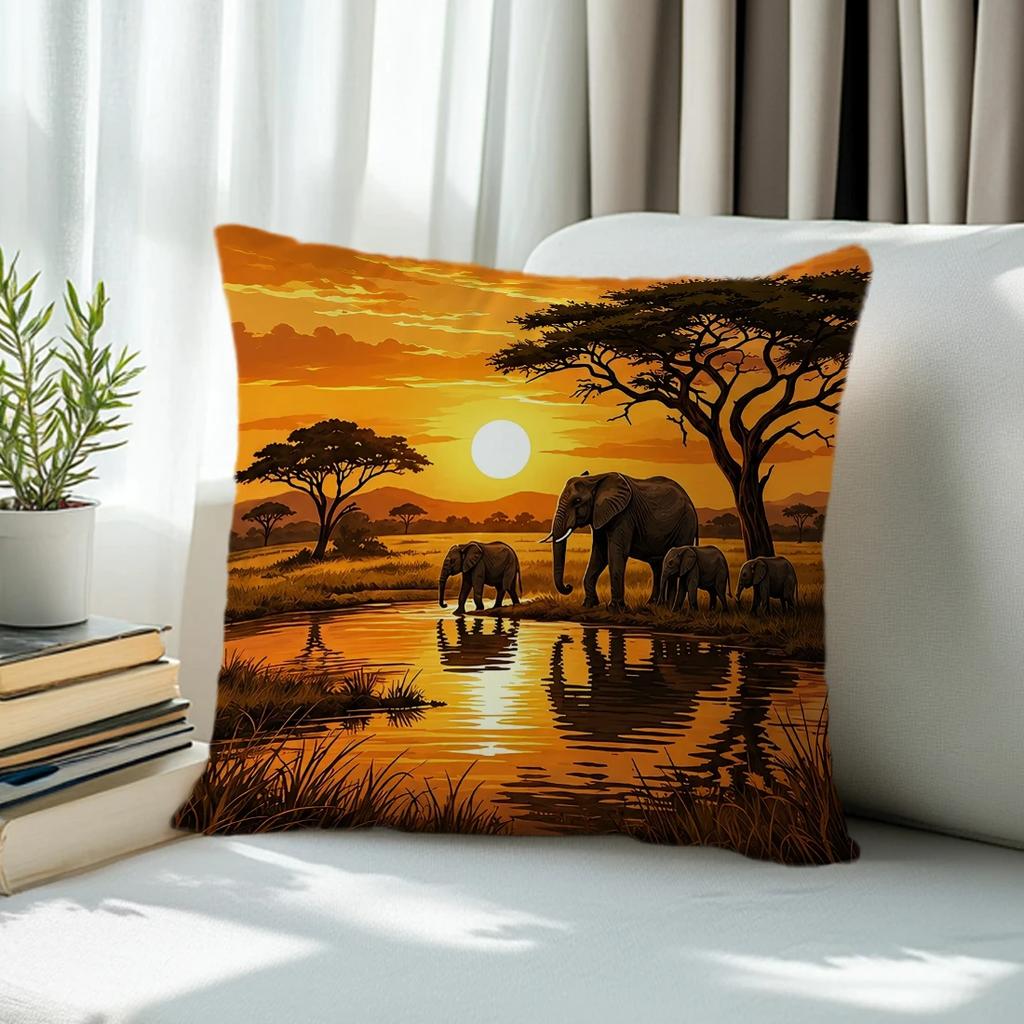 1pcs/4pcs African Savanna Elephant Cushions Pillowcase Polyester Cushion Cover Throw Pillow Pillowcover Home Car Sofa Decor