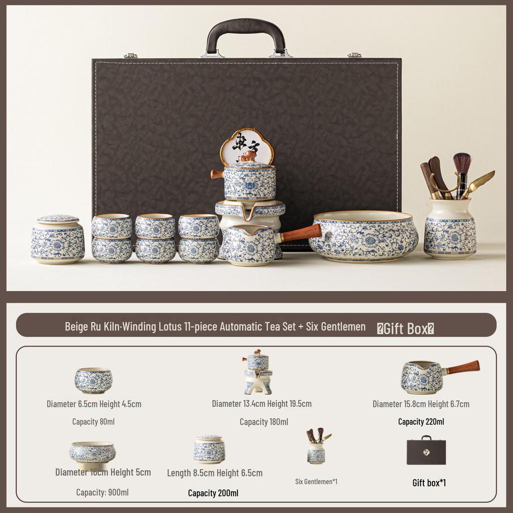 Ru Kiln Blue & White Lotus Luxury Automatic Tea Set - Business Gift for Leaders & Elders