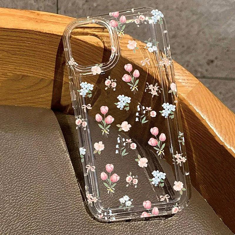 For iPhone 16 17 15 14 13 12 11 Pro Max Case Cartoon Cherry Floral Clear Cover For iPhone XS Max 7 8 Plus 16E 17 Air Soft Funda iPhone 14