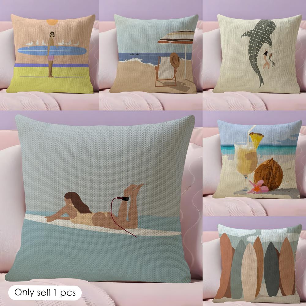 Summer Surfing Ins Art Cushion Cover Natural Linen Organic Fabric DoubleSided Printing Sofa Home Decor Gift Pillow Case