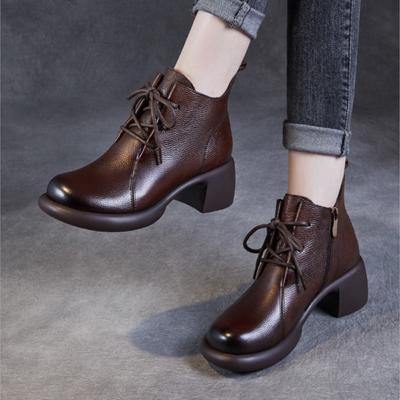 El Yapımı Retro Orta Topuklu Kısa Botlar Yuvarlak Burun Bağcıklı Hakiki Deri Kadın Ayakkabıları