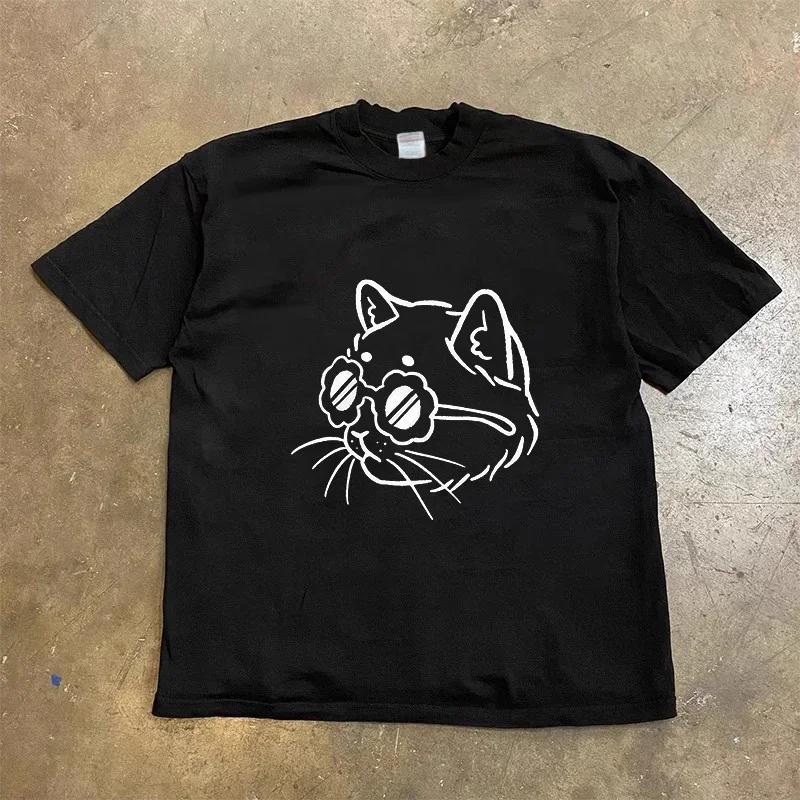 Harajuku Retro Tričko s potiskem kočky Nový styl Hip Hop Kawaii Tričko a top s krátkým rukávem Estetické oblečení Topy