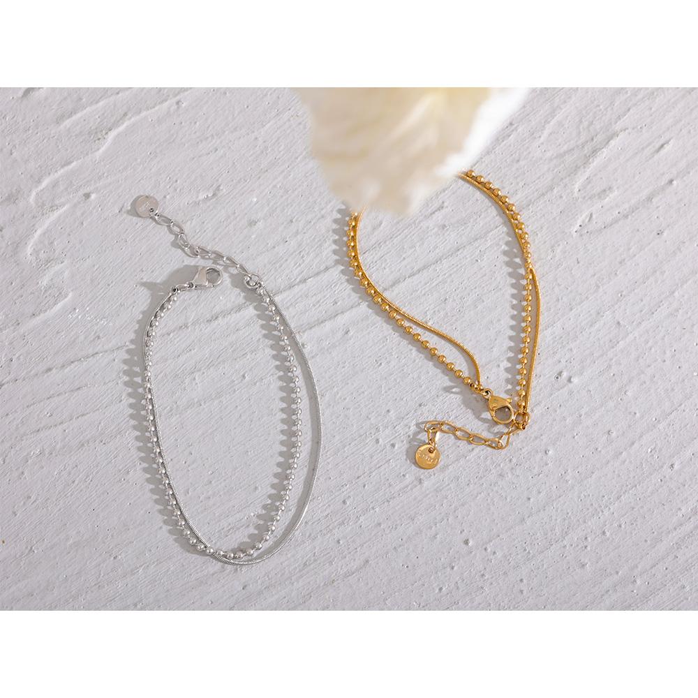 Stainless Steel Flat & Bead Chains Double Layer Fashion Bracelet Bangle Men Women Charm Summer Beach Trendy Chic Jewelry