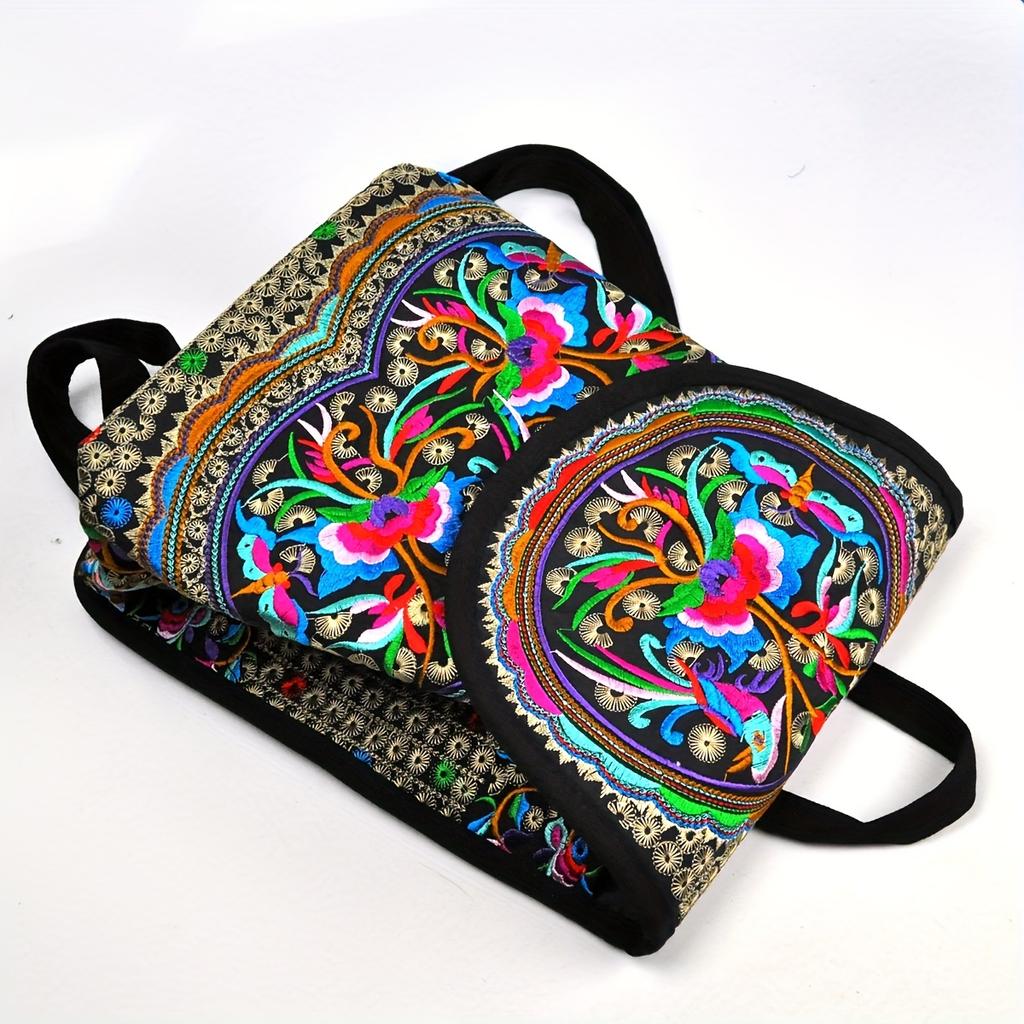 Rucsac elegant cu broderie florală, geantă de carte din pânză la modă pentru femei, rucsac de călătorie cu clapă la modă