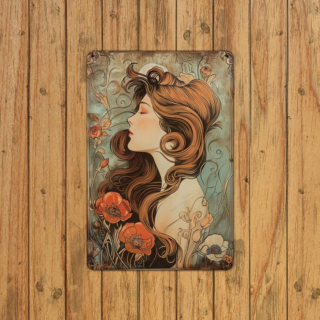 Vintage Long-Haired Lady Metal Tin Sign, Art Nouveau Floral Design, Iron Foil Engraving Wall Decor, Ideal for Garden, Restaurant