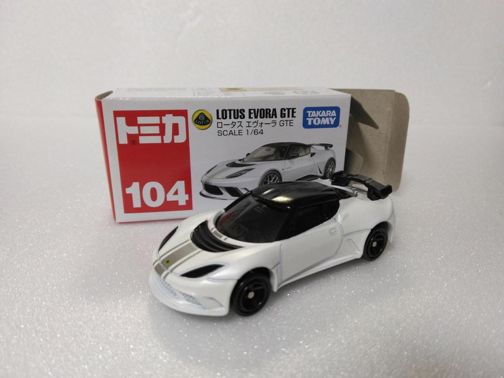 Tomica 104 Lotus Evora with clear case No. GTE, 1/64 scale, white,
