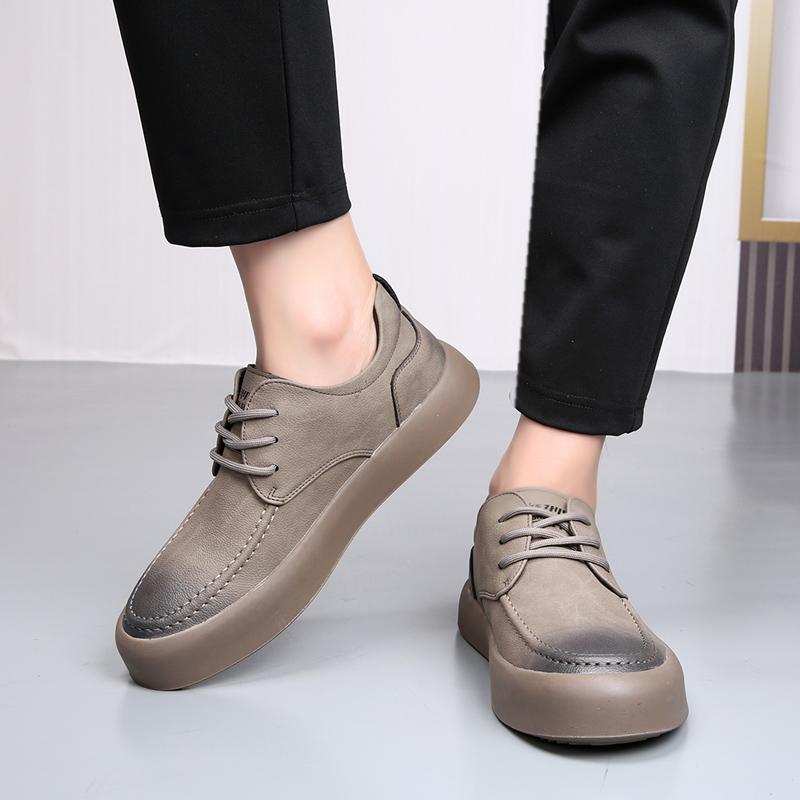 Senior Vintage Men Leather Casual Business Shoes Luxury Brand Handmade Round Toe British Style Comfortable Thick Soled Shoes Man