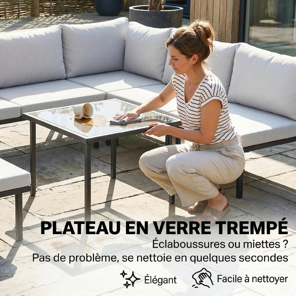 Modular Corner Outdoor Lounge Set for 6, Coffee Table, Tempered Glass, Light Grey