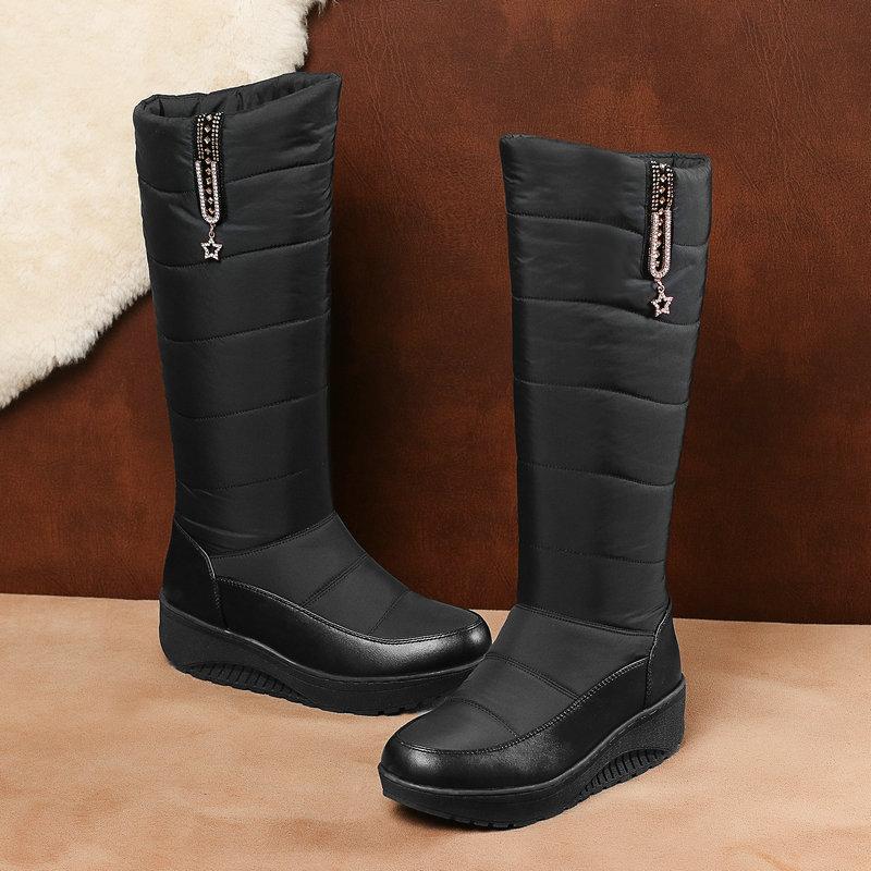 Winter Women Snow Boots Knee High Boots Warm Plush Star Crystal Waterproof Platform Shoes PU Patchwork Down Cloth Footwear