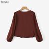 ZANZEA Blusa Casual Larga de Manga Larga Lisa con Cuello en V para Mujer