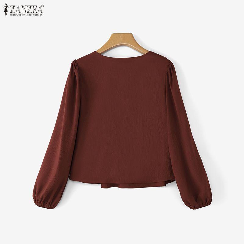 ZANZEA Blusa Casual Larga de Manga Larga Lisa con Cuello en V para Mujer