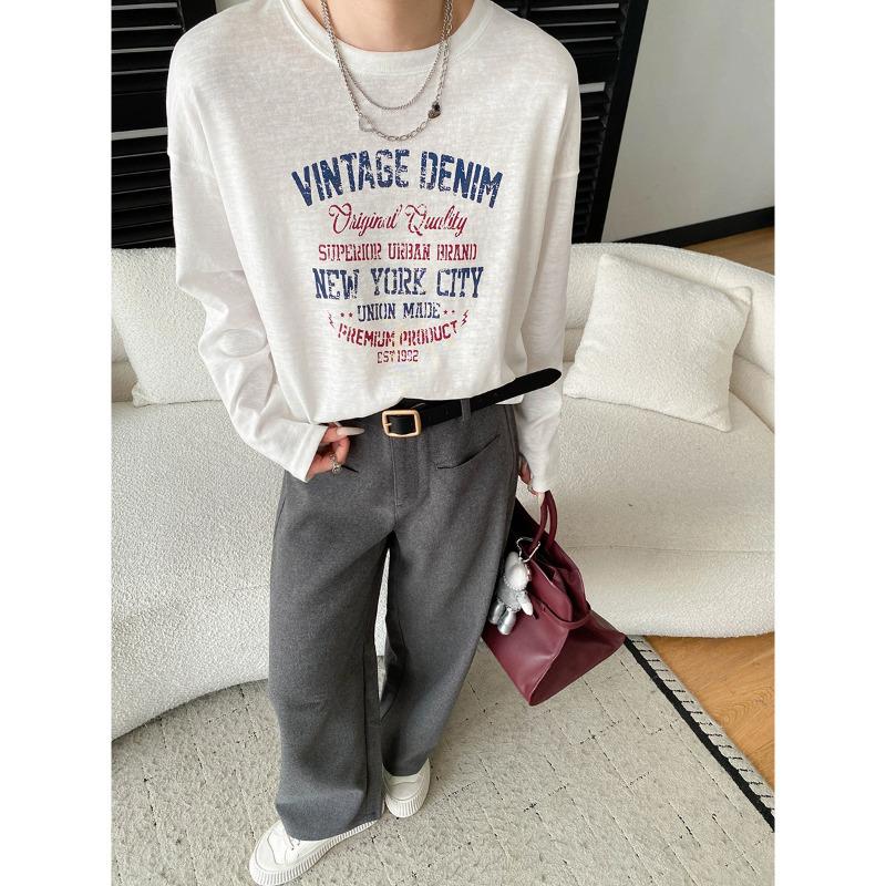 Sinan Retro Distressed Letter Print Loose Long Sleeve T-shirt - Early Spring SN8566 One Size покинуть белый