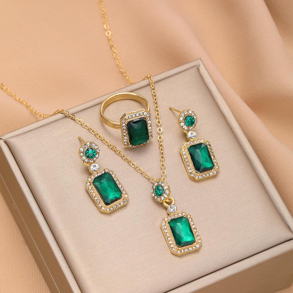 S Gold Color Emerald Jewelry Set For Women Luxury Green Gemstone Necklace Earrings Ring Set Trendy Rhinestone Crystal Gifts