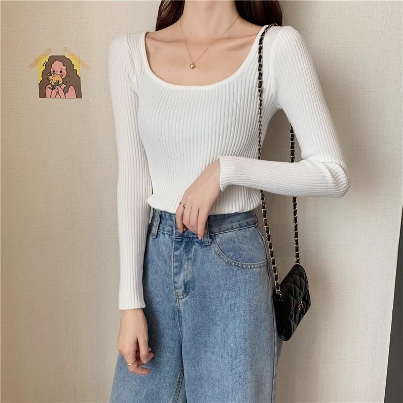 Autumn Winter Women Square Neck Knit Pullover Slim‑Fit Fleece‑Lined Elegant Long‑Sleeve Sweater Low‑Cut Inner Top