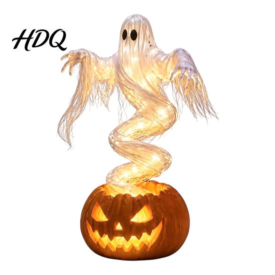 Spooky Ghost Pumpkin Lamps Halloween Swirling Yard Lamp, Lighted Outdoor Holiday Lawn Accents Statue, Warm LED Decoration for Porch Garden Decorative