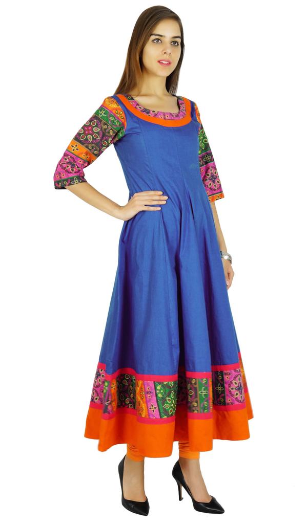 Amoghah Women Cotton Blue Solid Anarkali Kurti Indian Flaired Blouse Kurta