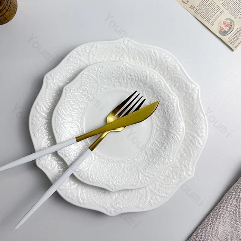 Creative Relief Flower Shape Ceramic Plate Home Breakfast Exquisite Solid Color Tableware Light Luxury Restaurant Dessert Plate