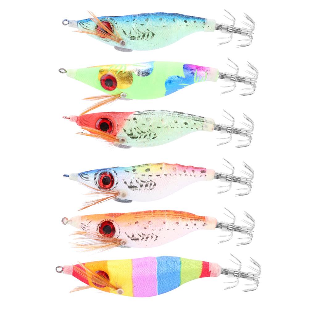 6PCS 10cm Hard Fishing Lure Artificial Wood Shrimp Bait with Octopus Cuttlefish Squid Hooks