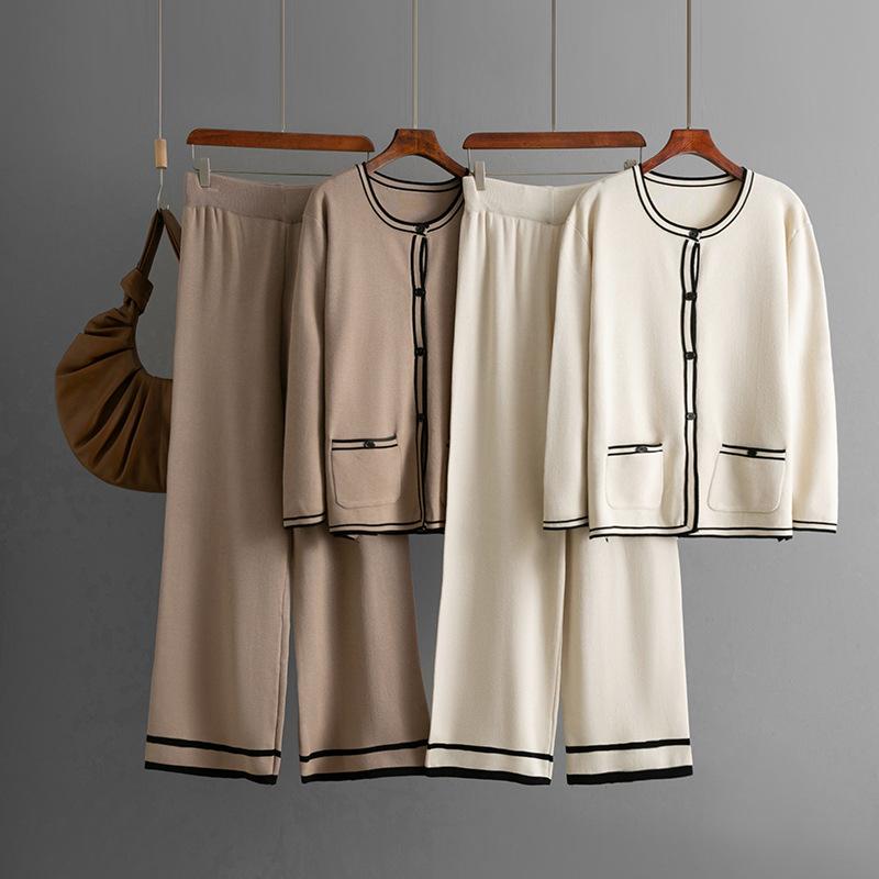 Módní sada Dámský podzimní a zimní pletený kardiganový svetr Ležérní kalhoty se širokými nohavicemi Dvoudílná sada
