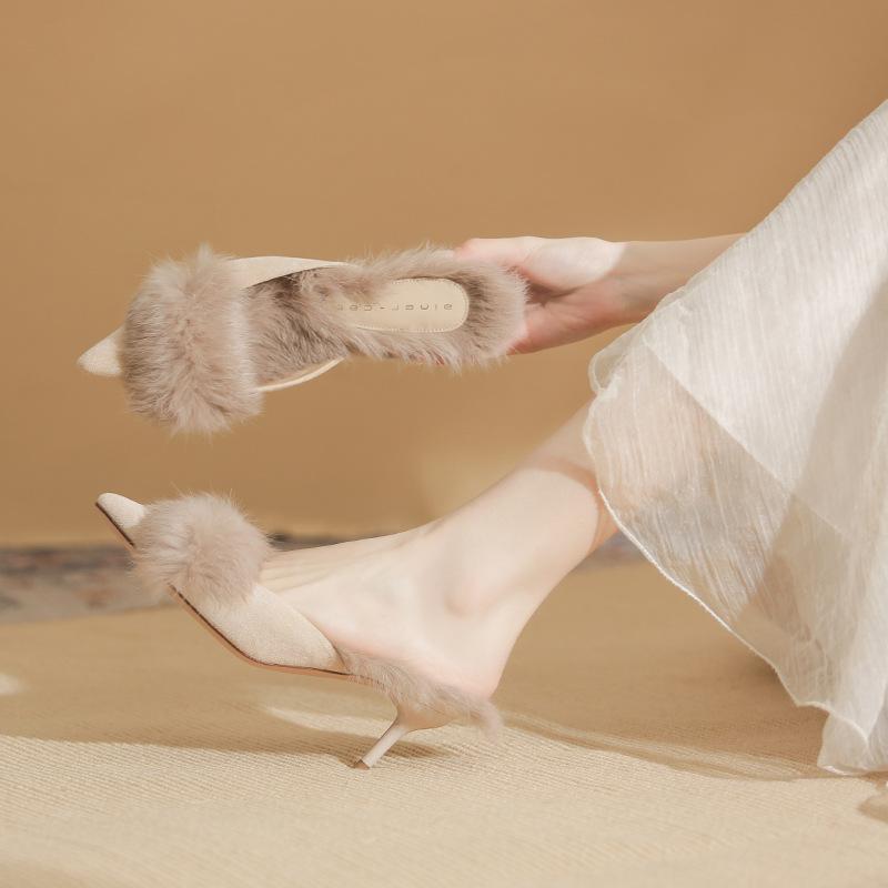 53013 [Sheepskin] High-heeled Fluffy Slippers for Women's Outer Wear 2025 Spring New Bag Head Fine Heel Rabbit Hair Half Drag