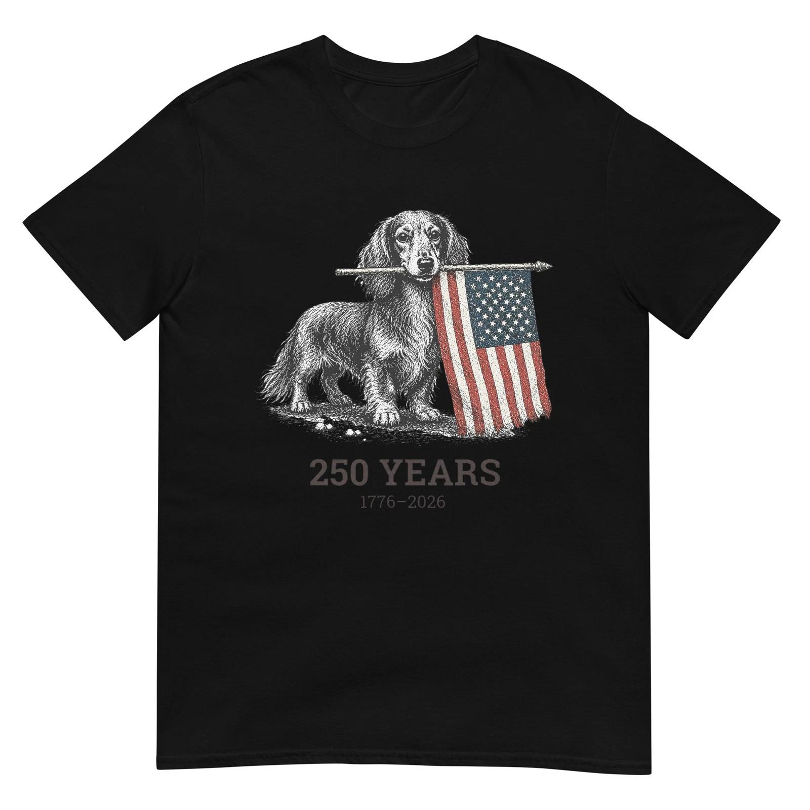 Cute Long Haired Dachshund American Flag 250 Years 1776-2026 T-Shirt XL
