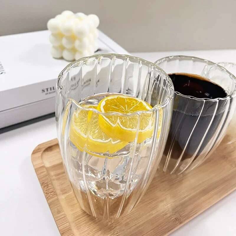 New In 350/450ml Double-walled Corrugated Glass Coffee Heat-resistant Breakfast Cup, Tea, Milk, Juice, Beer, Water, Glasses