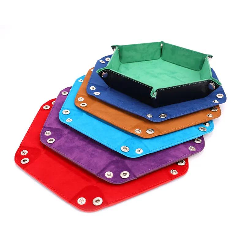 High Quality Foldable Dice Tray Box PU Leather Folding Hexagon Coin Square Tray Dice Game