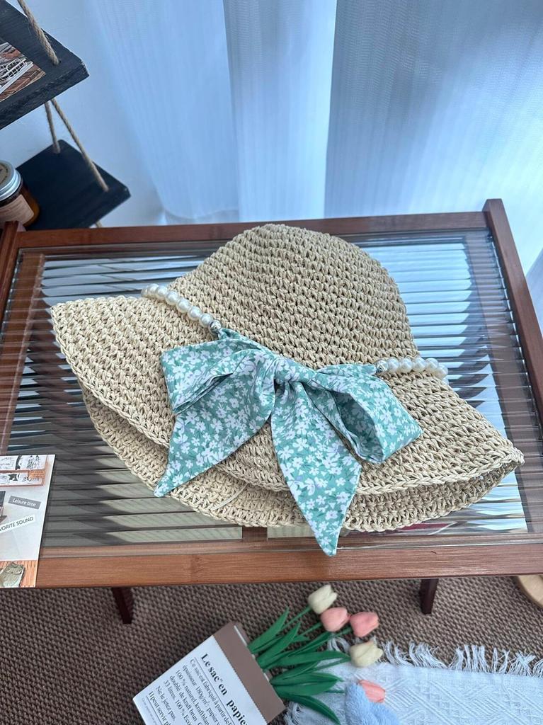 Pearl straw hat summer travel sunscreen sunshade bucket hat new straw seaside vacation net red hat